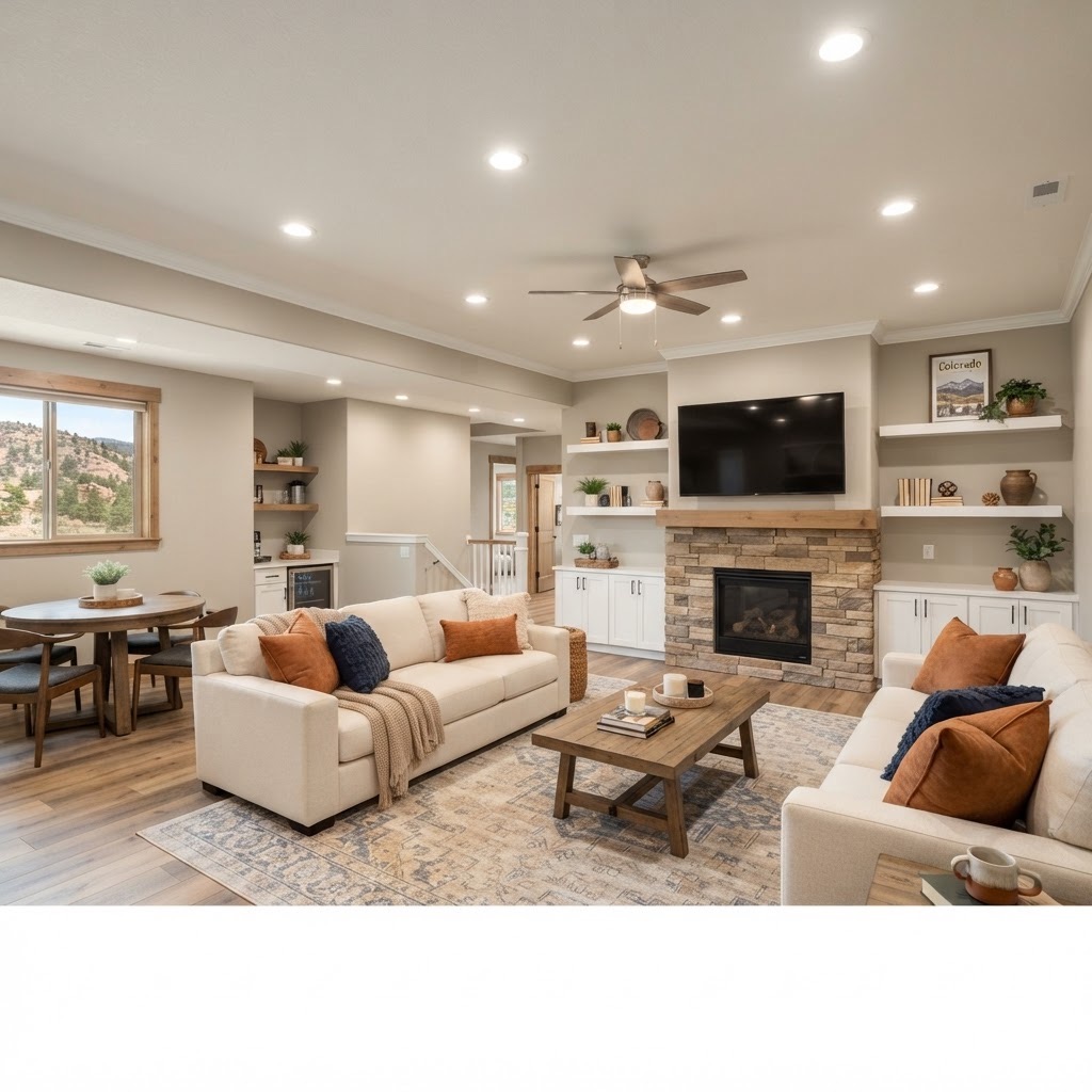 Finished basement family room with fresh drywall and paint