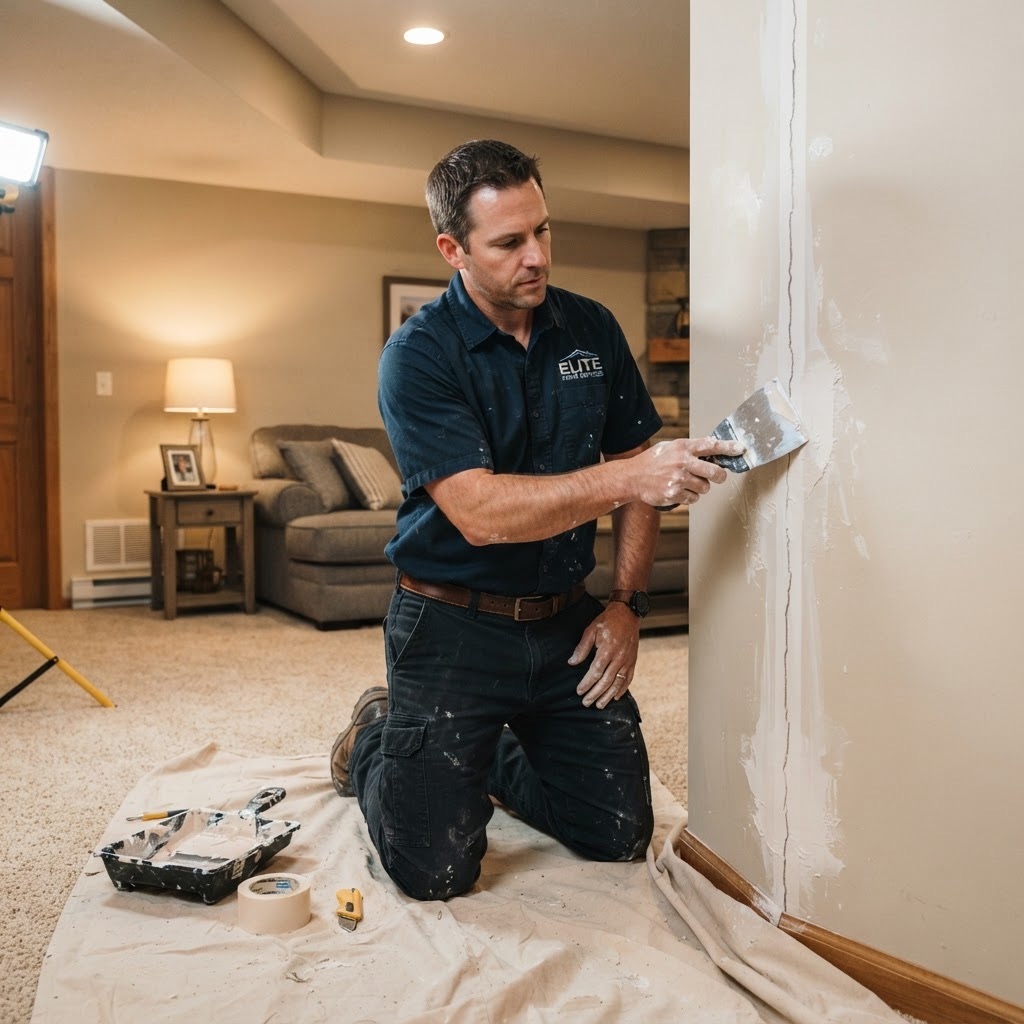 Technician repairing cracked drywall in a finished basement