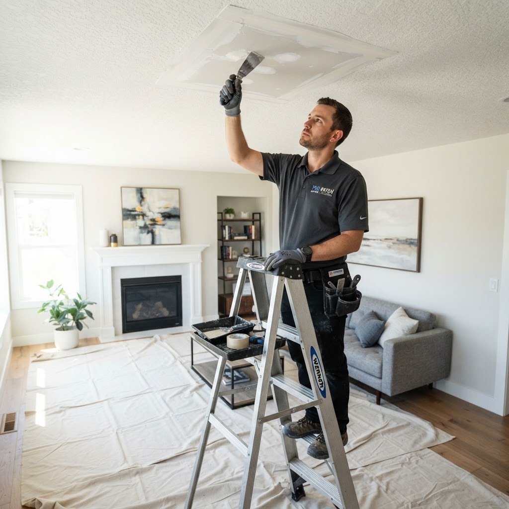 Technician repairing a water-damaged ceiling from a ladder