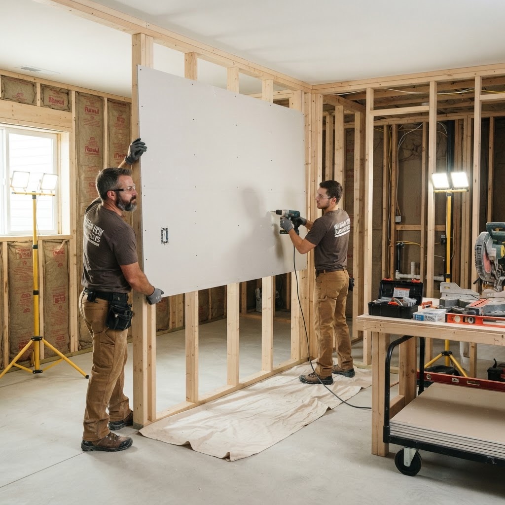 Professional installers hanging drywall in a basement renovation