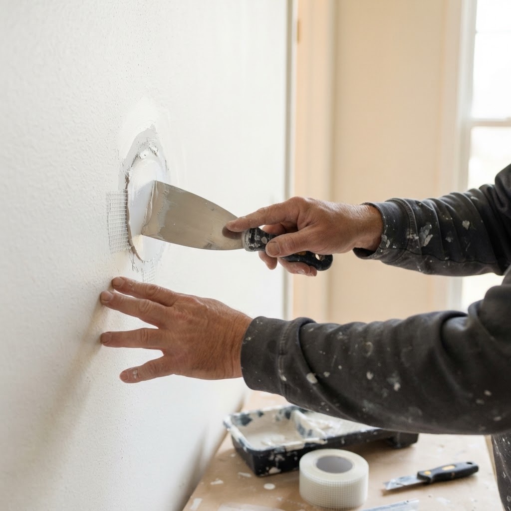 Technician patching a drywall hole with joint compound