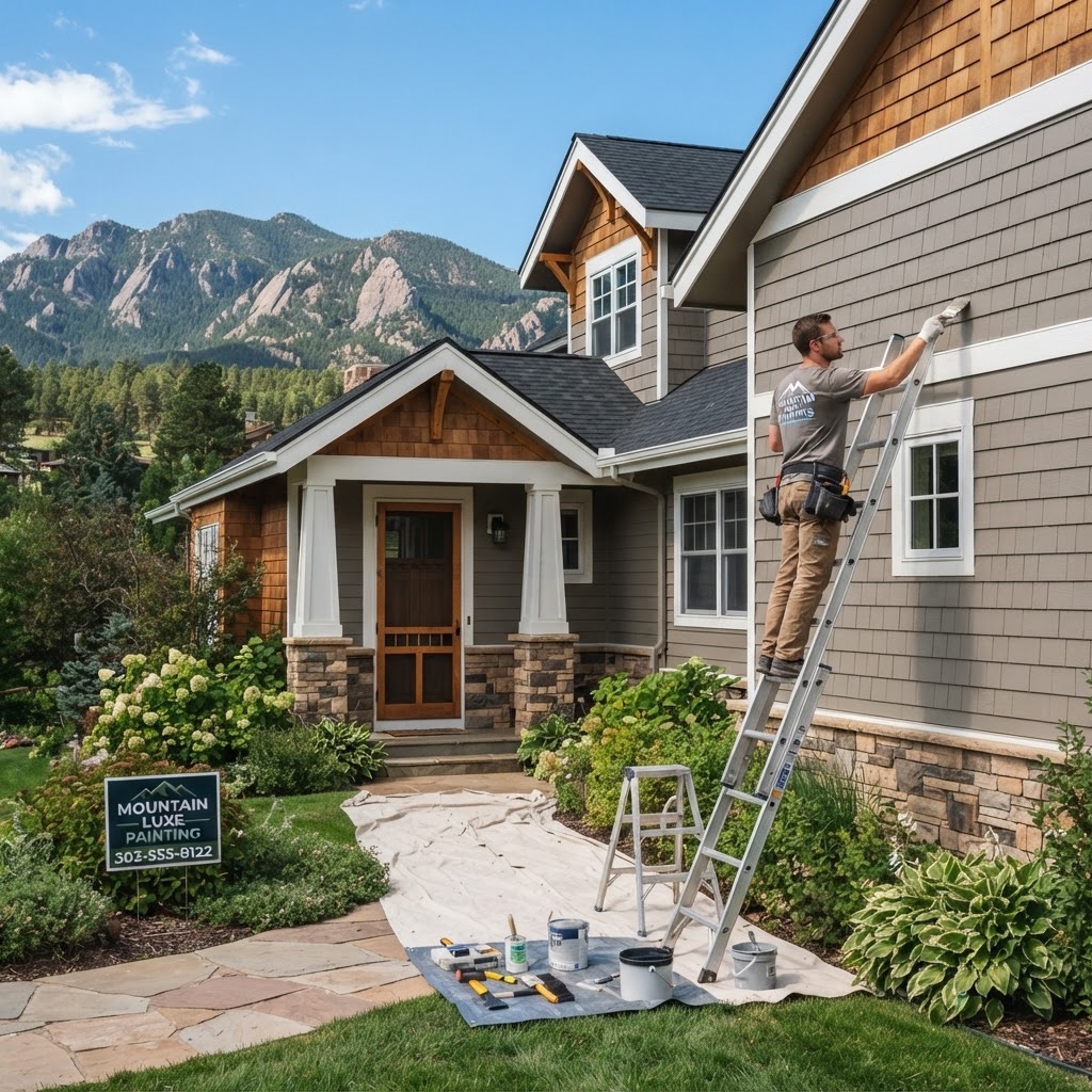 Painter on a ladder painting the exterior of a Colorado home