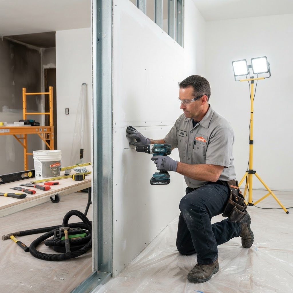 Technician installing new drywall in a room being restored after smoke damage