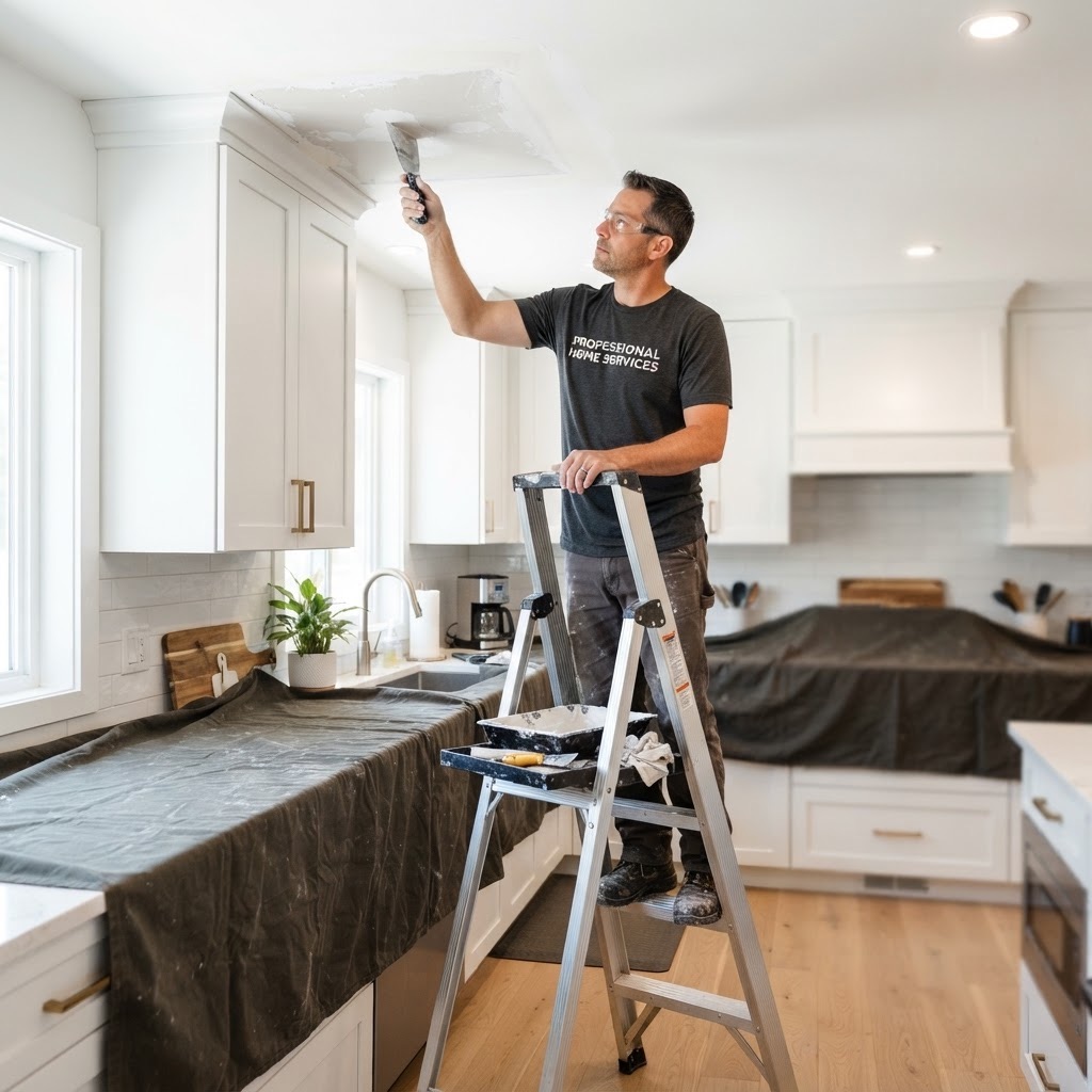 Technician repairing a kitchen ceiling above protected countertops