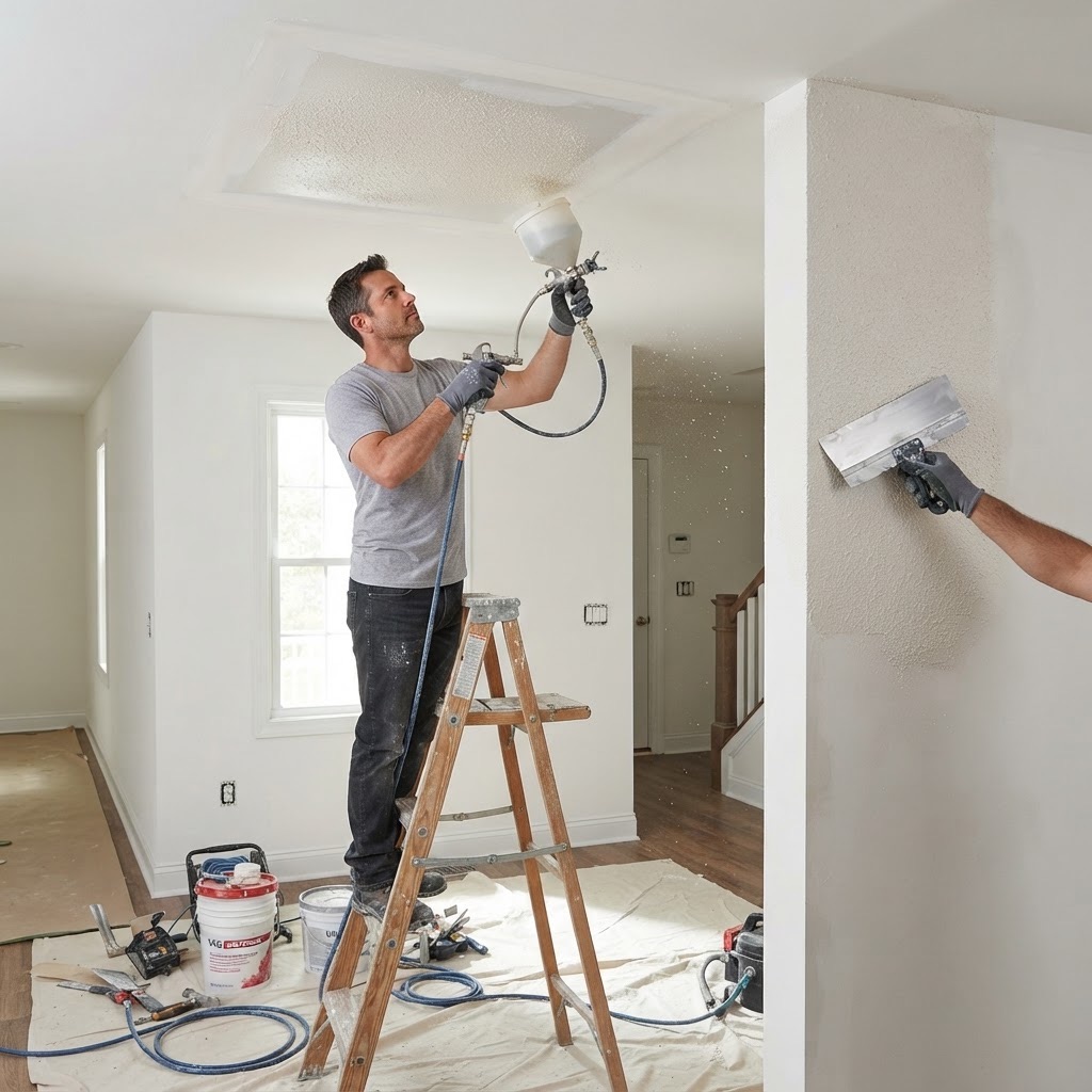 Craftsman applying knockdown texture with a spray hopper