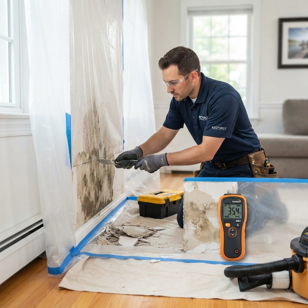 Technician removing a water-damaged drywall section for replacement